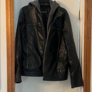 GUESS Black Leather Bomber with Gray Hood